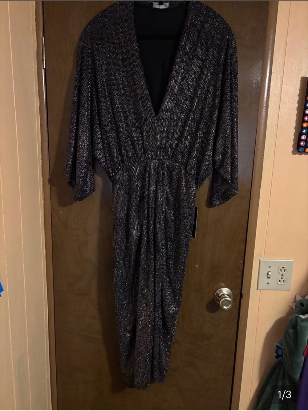 Lulu's Black & Silver Sparkle V-Neck Midi Dress